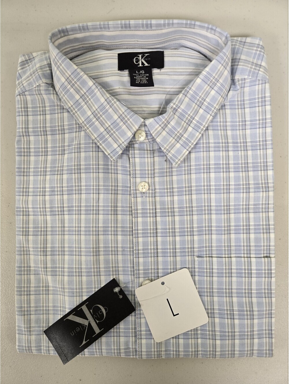 Calvin Klein Men’s Plaid Button-Up Shirt Large Vista Blue 100% Cotton NWT